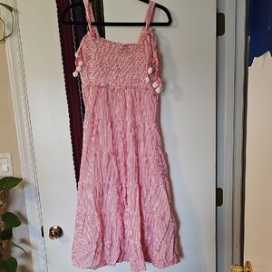 Crown & Ivy Red Striped Cotton Midi Dress with Pom-Poms